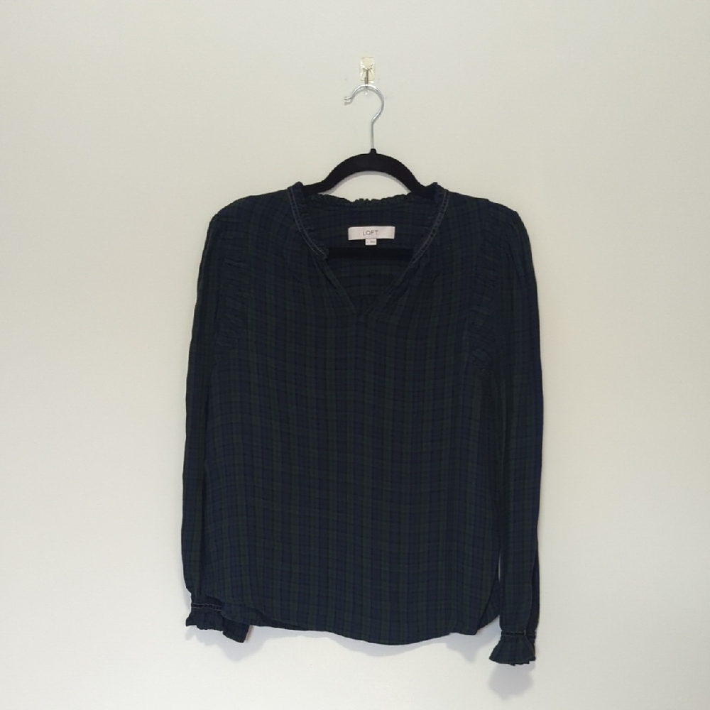 LOFT Navy and Dark Green Plaid V-Neck Top